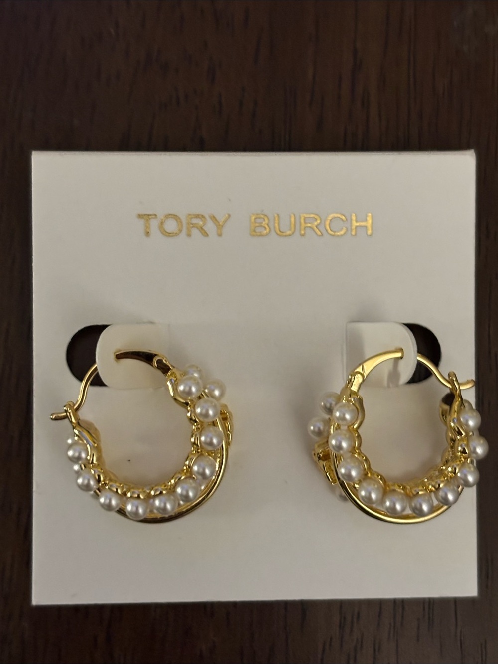 Brand new Tory Burch Gold Pearl-Embellished Hoop Earrings